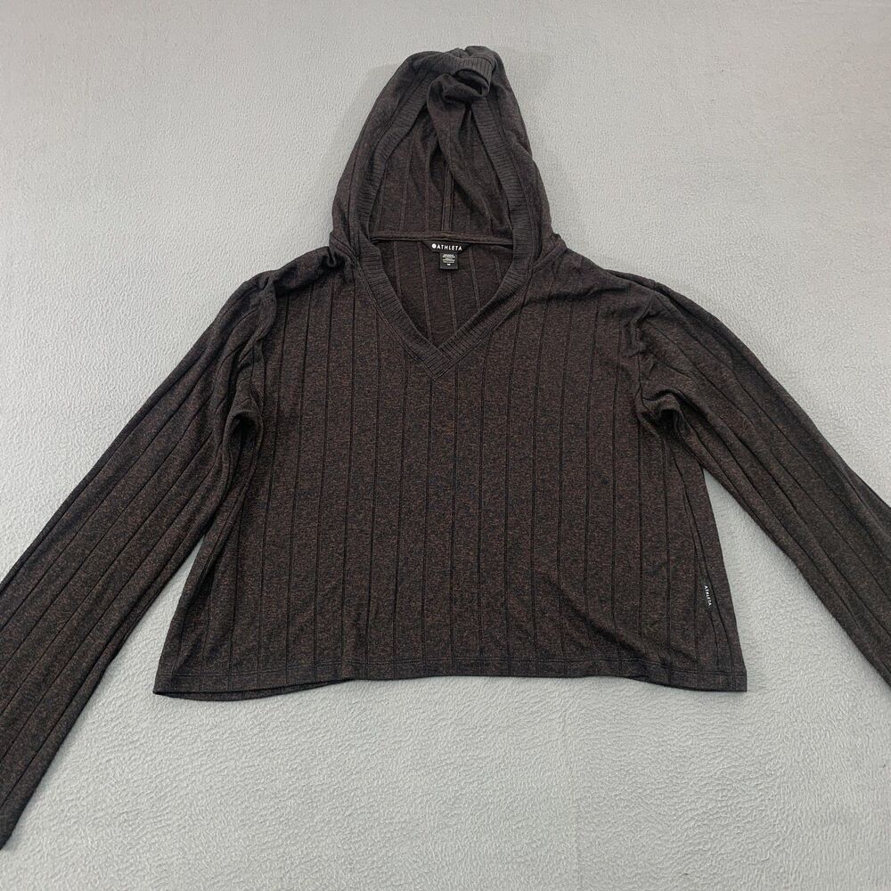 Athleta Hoodie Womens Medium Brown Ribbed Knit V-Neck Long Sleeve Lightweight